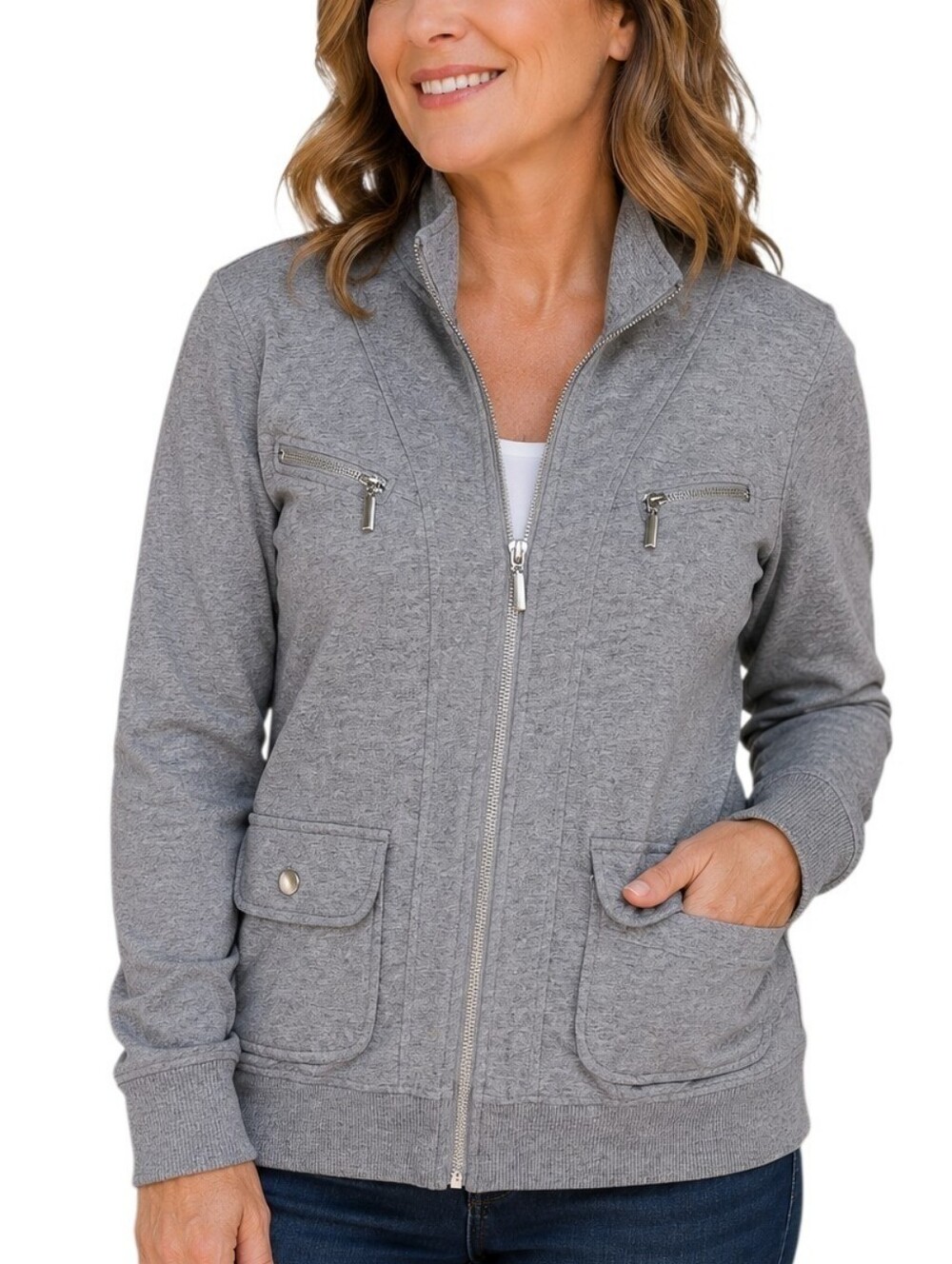 Style & Co Sport Petite S Gray Full Zip Jersey Jacket Mock Neck Stretch Utility